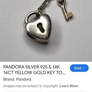 Pandora Silver Heart Lock with Yellow Gold Key Charm